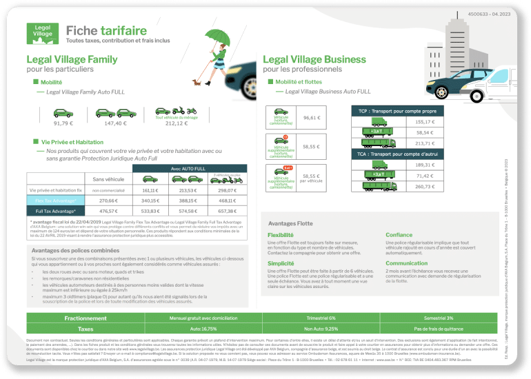 fiche tarifaire legal village family et business